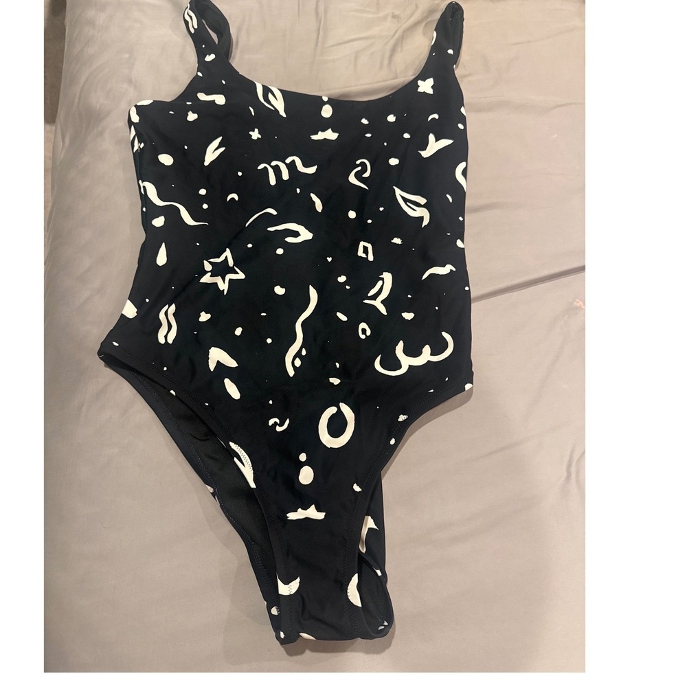 NWT Madewell Second Wave One Piece Swimsuit Black Wht Abstract Celestial NP235 L